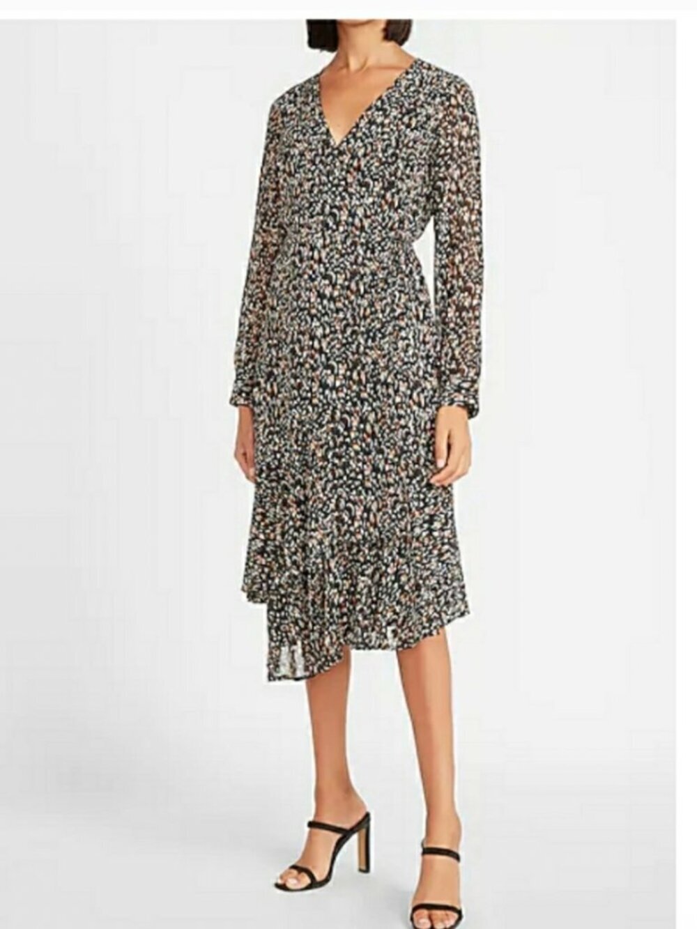 Express Metallic Printed Ruffle Wrap Midi Dress
